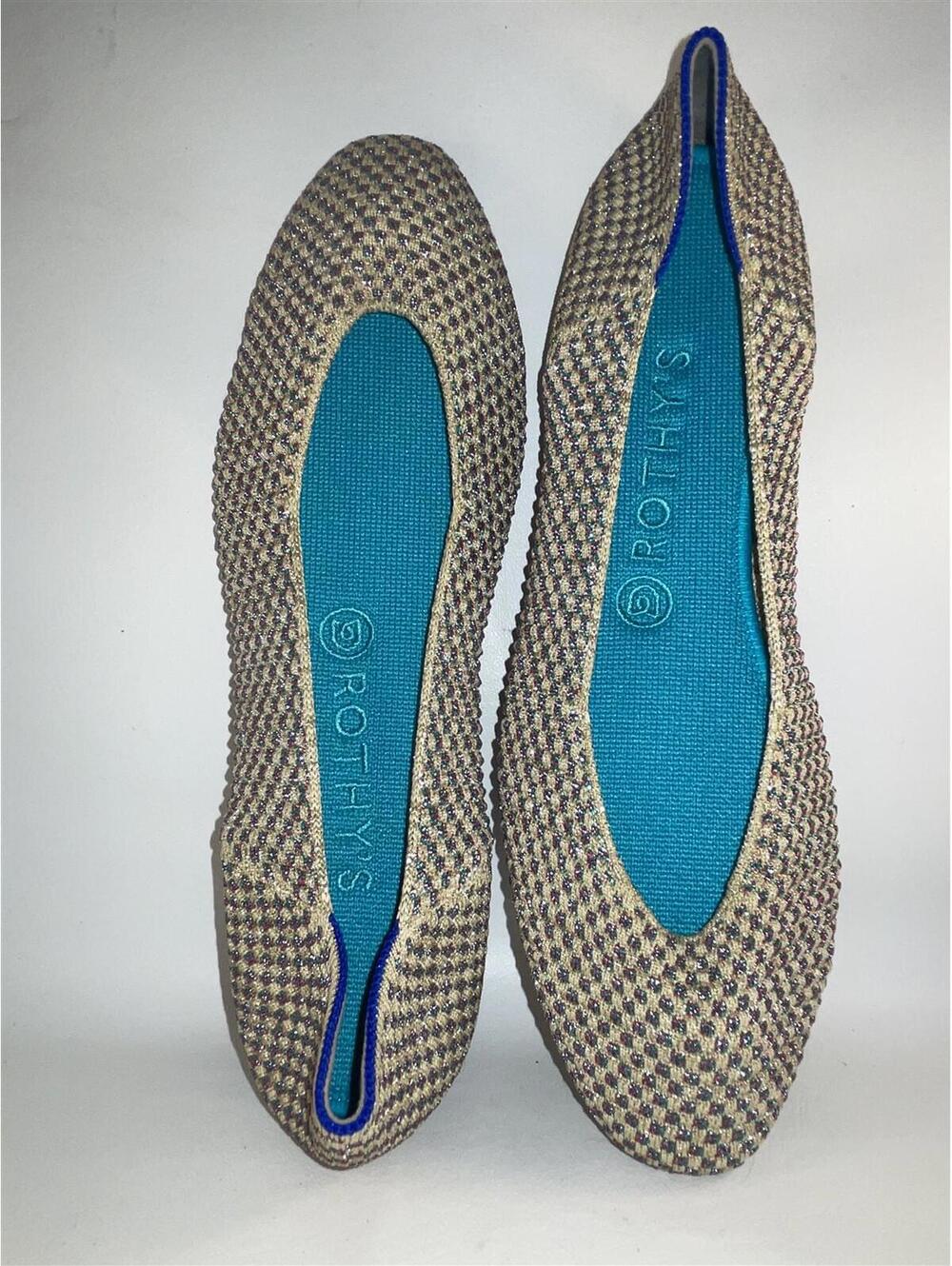 Rothy's The Square Beige Aqua Pink Jewel Shoes Flat 10 New